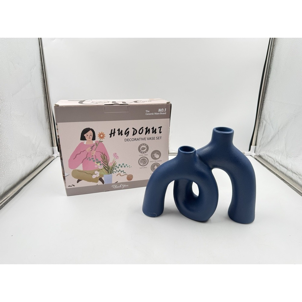 Matte Blue Vase Set Hug Hollow Donut Aesthetic Ceramic Vase Home Decor Modern No